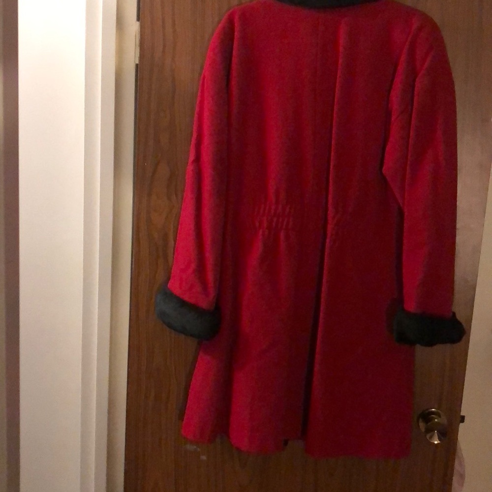 Red with black cuffs, dry cleaned